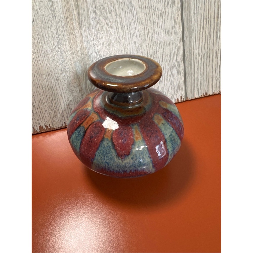 Quality small pottery vase blues and pinks and teals, signed Vintage